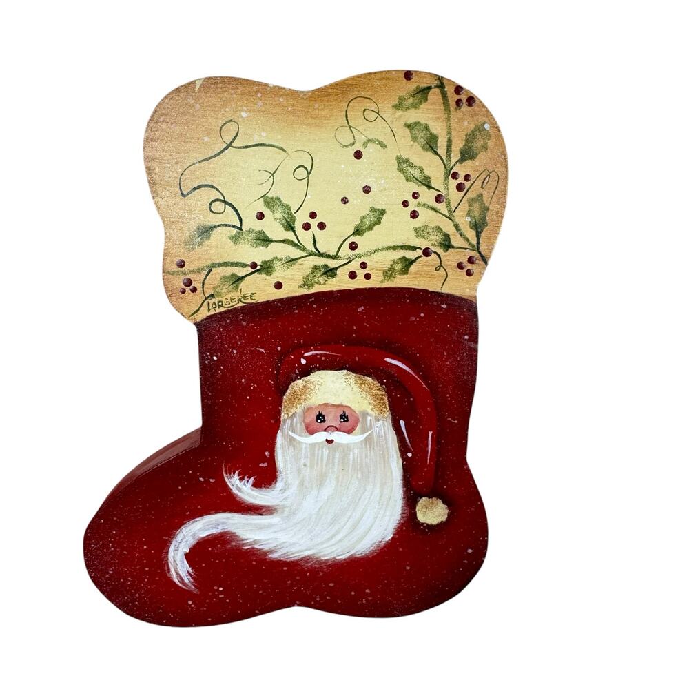 Vintage Hand Crafted Wooden‎ Santa Stocking Wall Hanging Holiday Christmas Decor